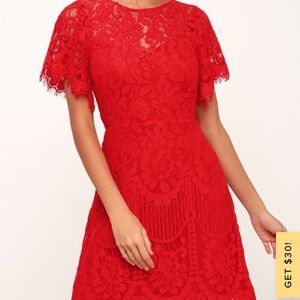 Red lace short sleeve dress
